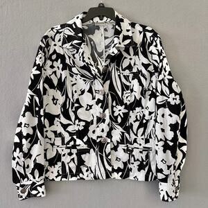 Chico’s Floral Lightweight Blazer Jacket Stretch Cotton Size 2 L Black White